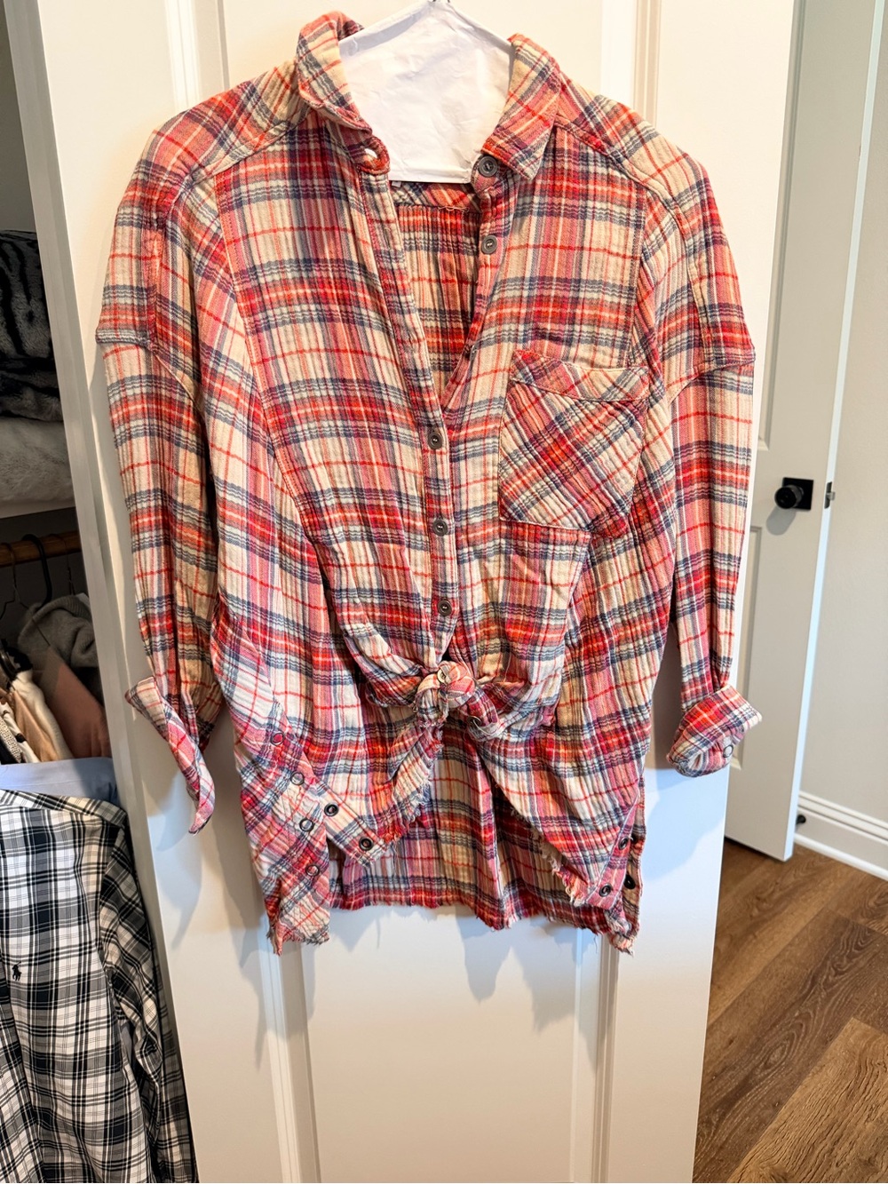 Free People Red and Cream Plaid Button-Down Shirt